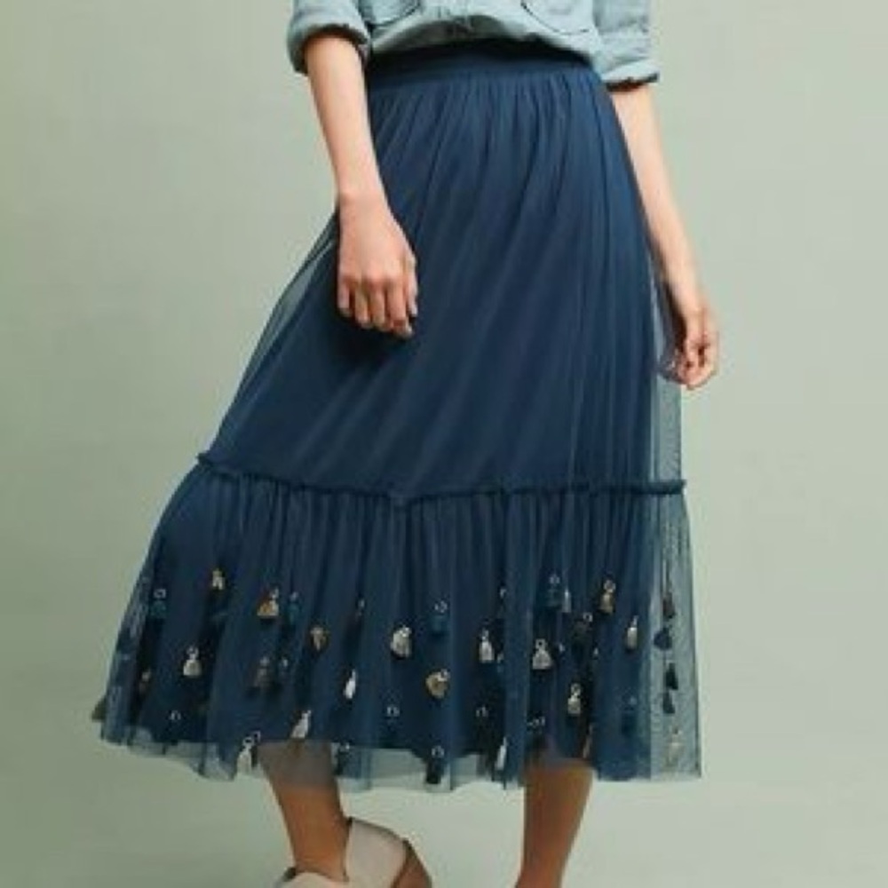Anthropologie Maeve  Fringe Maxi TULLE MASTI TASSLE SKIRT